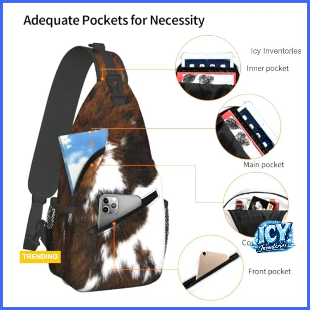 Polyester Cow Print Crossbody Sling Backpack Adjustable Padded Strap